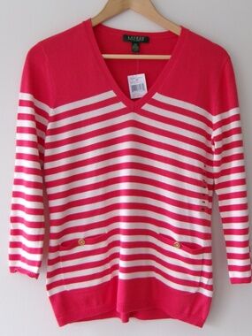 Lauren Ralph Lauren Petite M Red and White Stripped V Neck Top NWT Nautical Chic